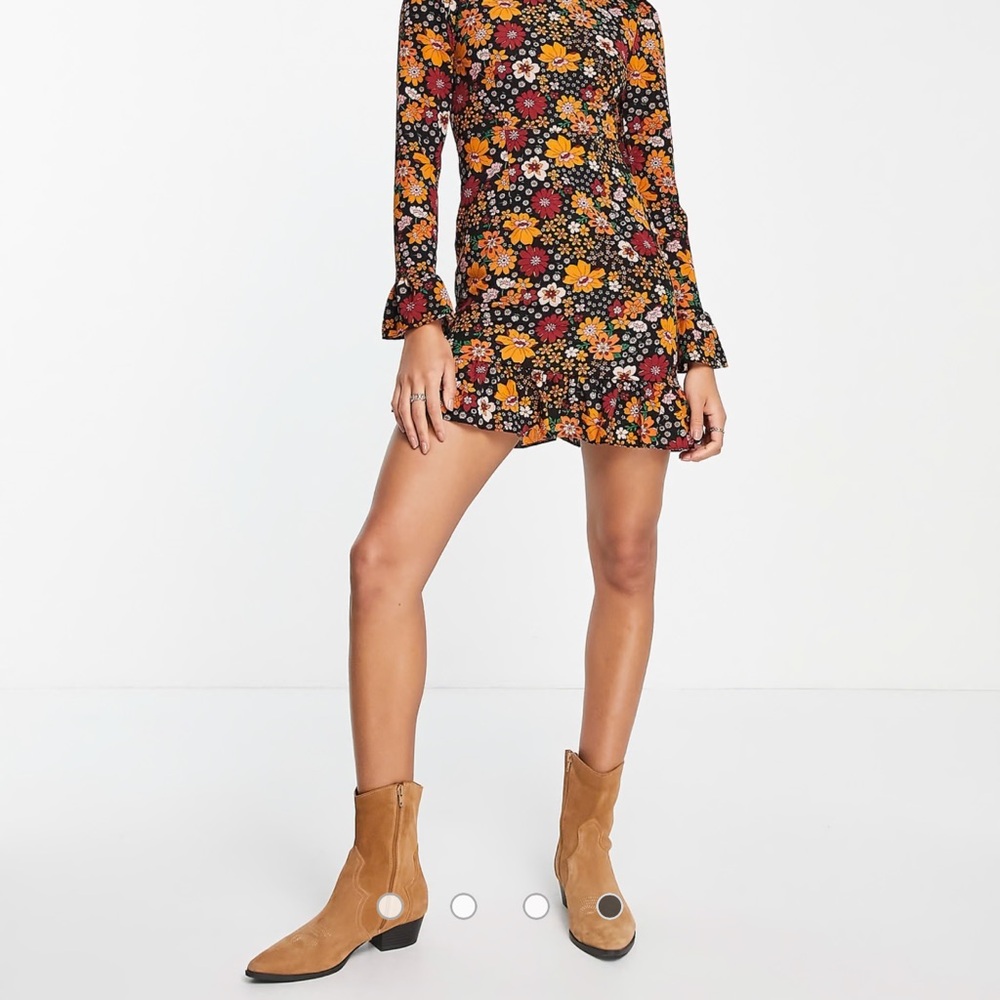 ASOS Womens Black Floral Long-Sleeve Ruffle Hem Dress